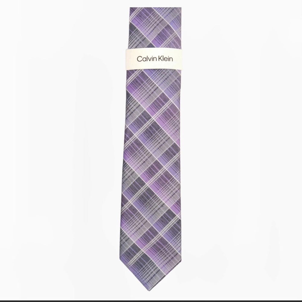 CALVIN KLEIN Mens Necktie Lilac Purple Plaid Woven Classic 3.0 Designer Tie